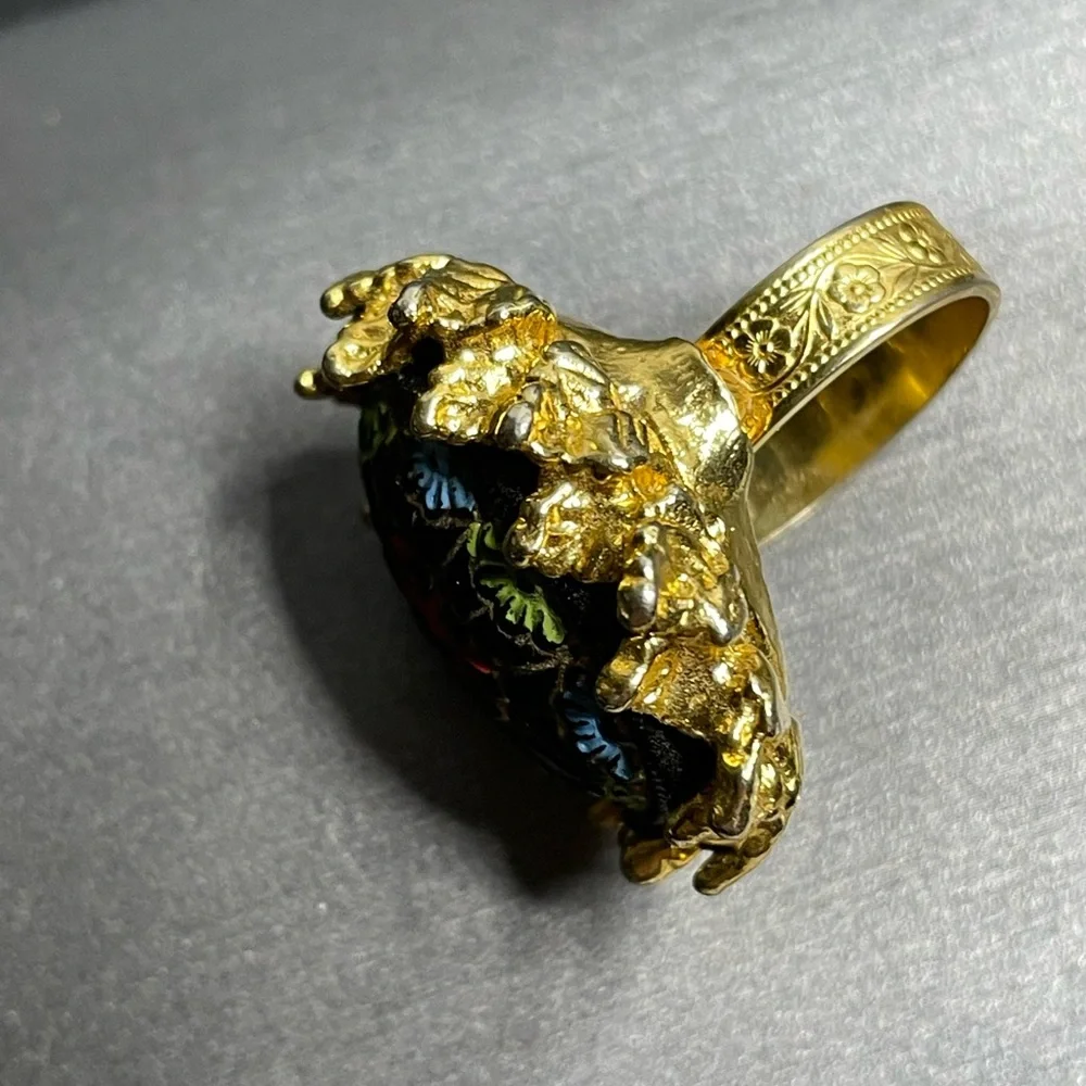 Moroccan Glass Lg Cabochon Gold Tone Leaves Vintage Adjustable Ring Sz 7 - Picture 5 of 12